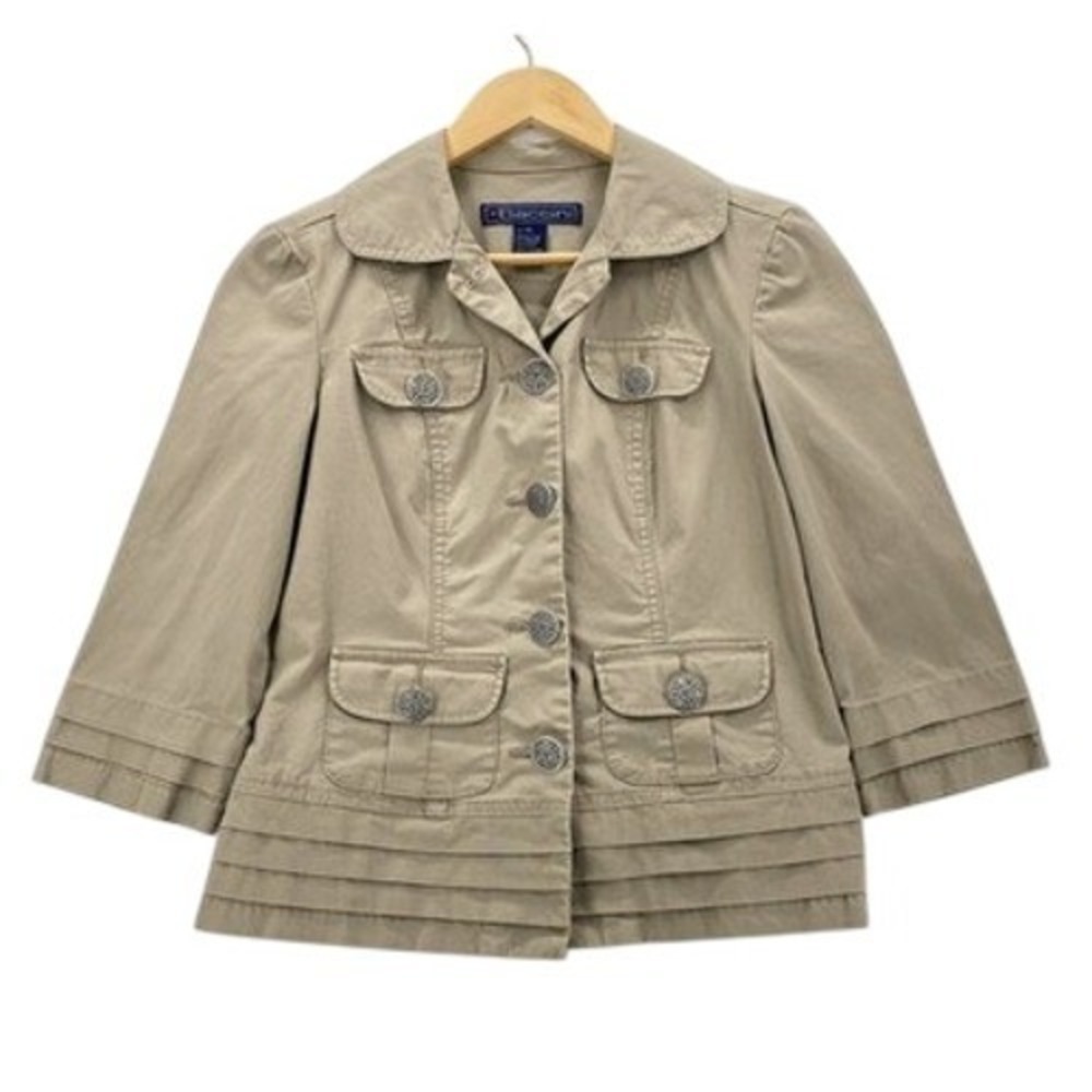 Baccini Jacket Womens PS Tan Khaki 3/4 Sleeve Tiered Hem Button Utility Blazer